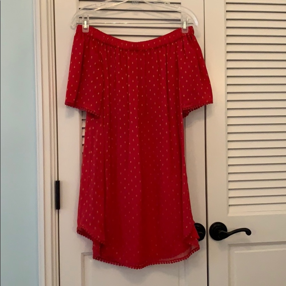 Red and gold off the shoulder mini dress